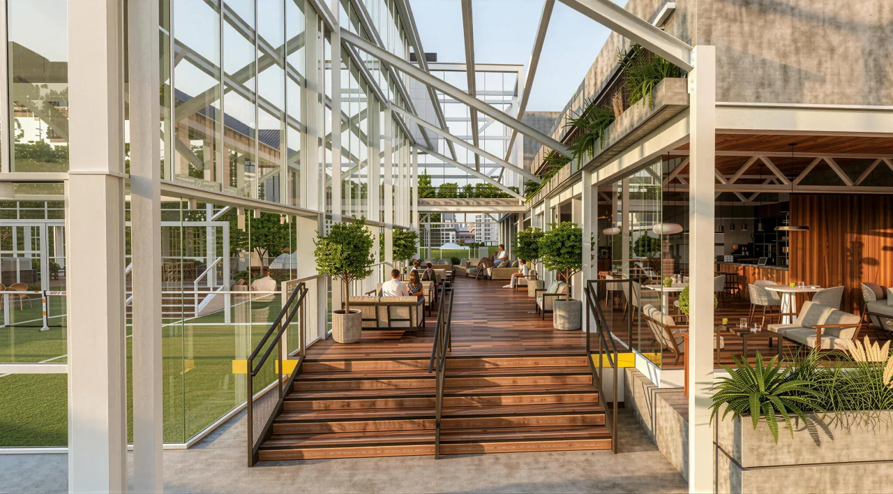 Staircase connecting the courts and social spaces at Rocket Padel Croydon