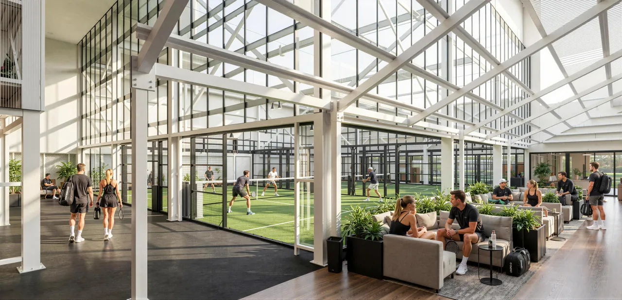 Rocket Padel courts, players and lounge beneath the high glass ceiling